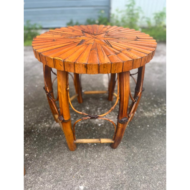 Mid-Century Modern Late 20th Century Rattan and Bamboo Pair of Barrel Side Tables With Inset Star Top For Sale - Image 3 of 12