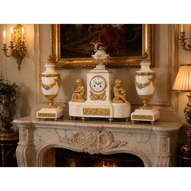 An exceptional French Louis XVI-style mantel clock set, dating from circa 1855–1860 and signed by renowned French...