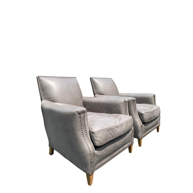 Restoration Hardware Pair of Distressed Leather Chairs in Gray With ...