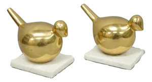 Late 20th Century Modern Gold Marble Pheasant Quail Bird Dove Brass Modernist Sculpture - A Pair