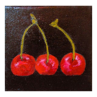 Miniature Three Red Cherries Art 4x4 Lynne French Food Still Life O/C For Sale