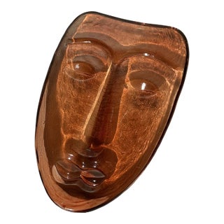 Vintage Amber Art Glass Face Mask Sculpture | Mid Century Modern Wall Object For Sale