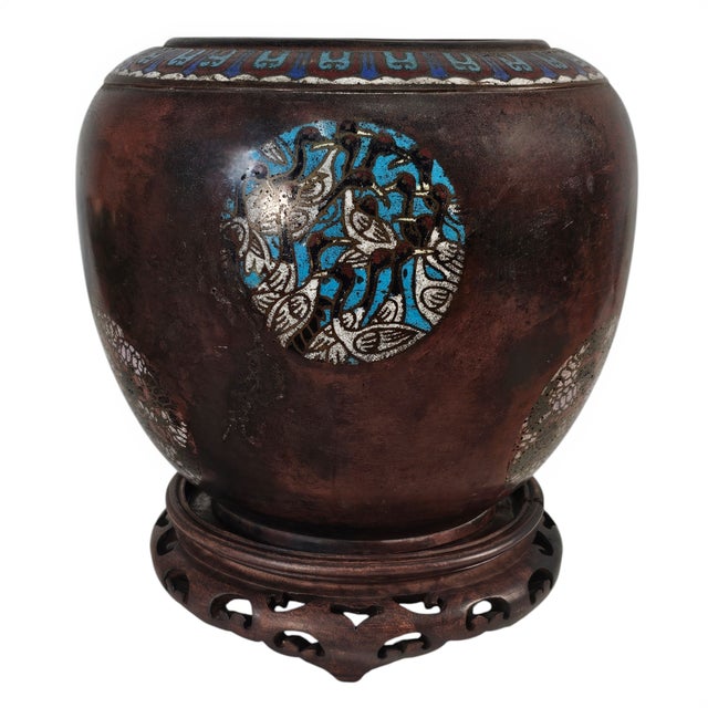 Japanese Late Meiji Japanese Patinated Champlevé Jardinière With Crane & Turtle Motifs 9.75" For Sale - Image 3 of 13