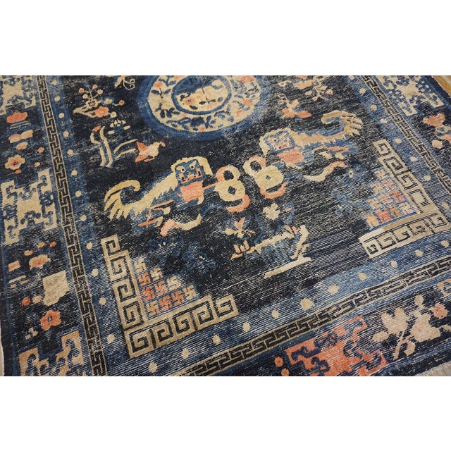 Textile Remarkable Navy Blue Ground Color With Animal Details and Medallion Pattern Antique Chinese Ningxia Rug For Sale - Image 7 of 9