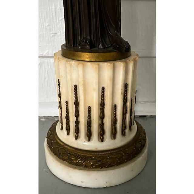 Black Large Antique 19th Century French Barbedienne Bronze Caryatid Standing on a Marble Column Fitted as a Table Lamp For Sale - Image 8 of 12