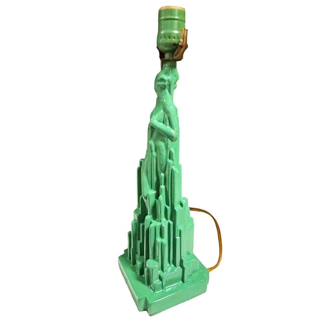1970s 1970s Re-Editon Art Deco Frankart "Spirit of Modernism" L215 Spelter Metal Table Lamp For Sale - Image 5 of 10