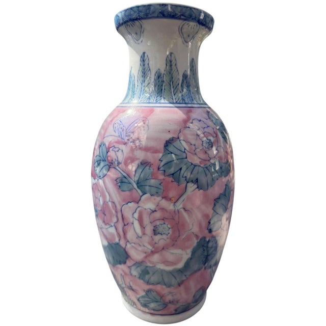 Chinoiserie Vintage Pink Chinoiserie Porcelain Vase With Peony Floral Motif & Blue Trim For Sale - Image 3 of 5