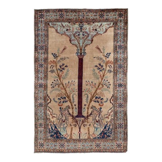 Early 20th Century Antique Persian Tabriz Handmade Brown Pictorial Motif Wool Rug For Sale