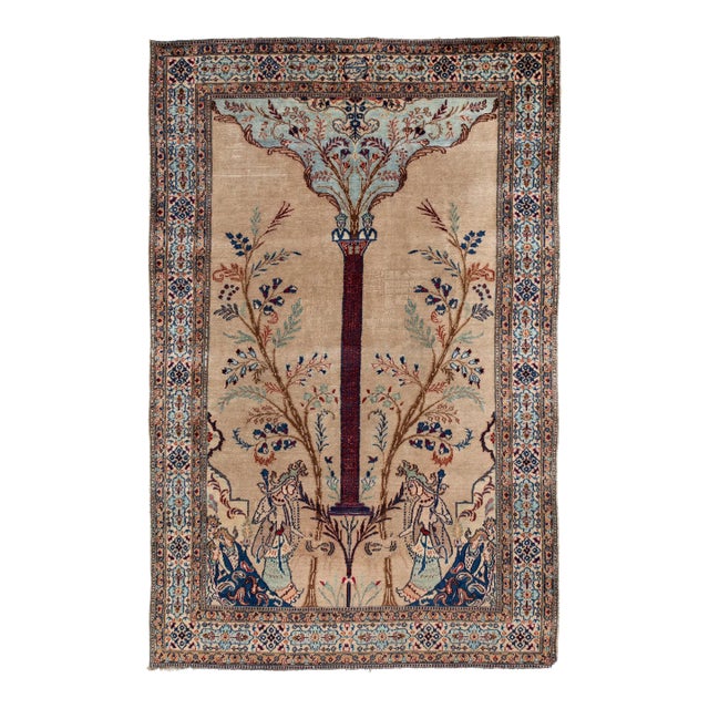 Early 20th Century Antique Persian Tabriz Handmade Brown Pictorial Motif Wool Rug For Sale