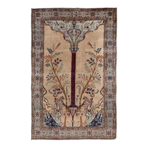 Early 20th Century Antique Persian Tabriz Handmade Brown Pictorial Motif Wool Rug