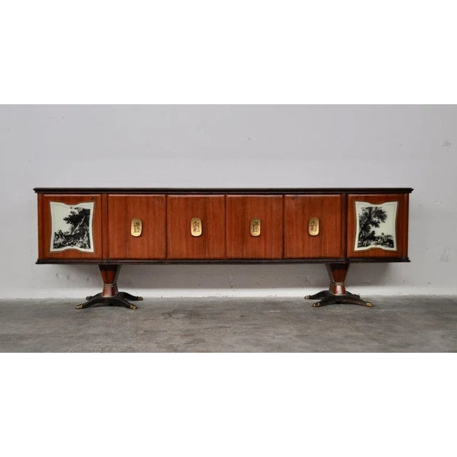 1940s Mahogany, Pearwood, Brass & Marbled Back-Lacquered Glass Top Sideboard with Mirror from F.lli Rigamonti Desio, Milano, 1940s For Sale - Image 5 of 18