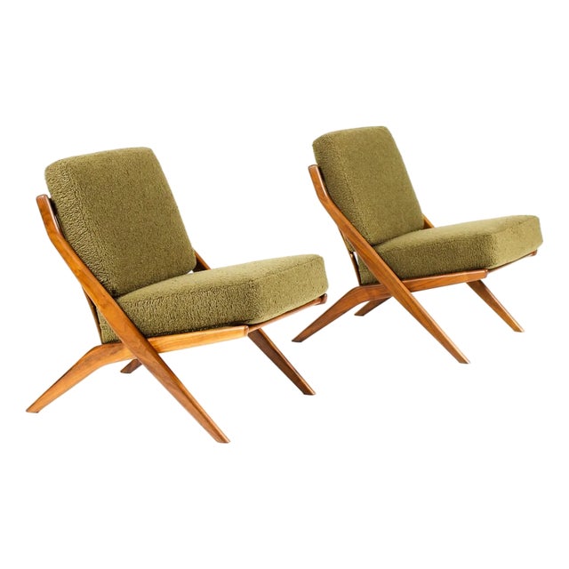 1960s Danish Modern Mid Century Walnut Scissor Lounge Chairs — Folke Ohlsson for Dux — Olive Bouclé For Sale