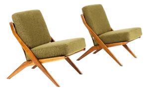 1960s Danish Modern Mid Century Walnut Scissor Lounge Chairs — Folke Ohlsson for Dux — Olive Bouclé