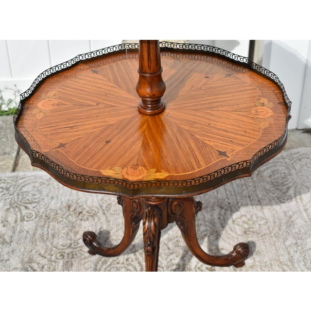 1920s Antique Carved & Inlaid French Style Two Tier Table W/Brass Gallery For Sale - Image 5 of 12