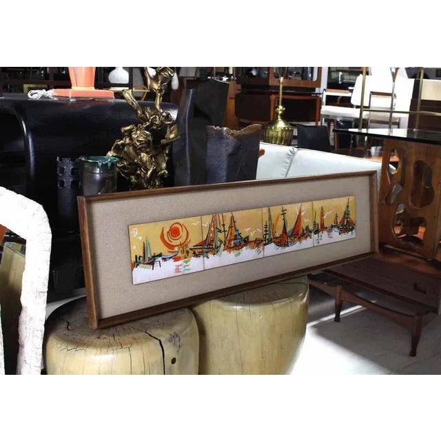 Vintage Mid Century Walnut Framed Enamel Tiles Ship Bay Motif Plaque For Sale - Image 6 of 7