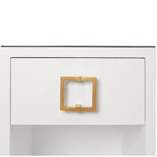 Worlds Away Matthew Izzo Home Blair White Textured Linen One Drawer Side Table With Brass Hardware and Glass Top For Sale - Image 4 of 7