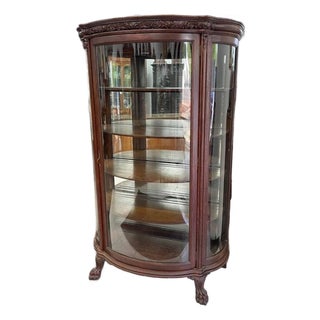 Antique Tiger Oak Curio Cabinet, 4 Shelves, Glass Door, Hand Carved Wood For Sale