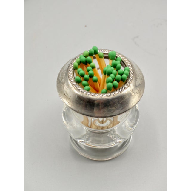 Early 20th-Century English sterling silver and glass match or toothpick holder. The sterling collar has a lovely beaded...