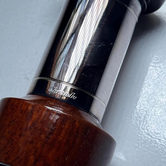 Mid-Century Modern Christofle Silver Plated & Wood Pepper Mill | French Luxury Grinder with Peugeot Mechanism For Sale - Image 3 of 3