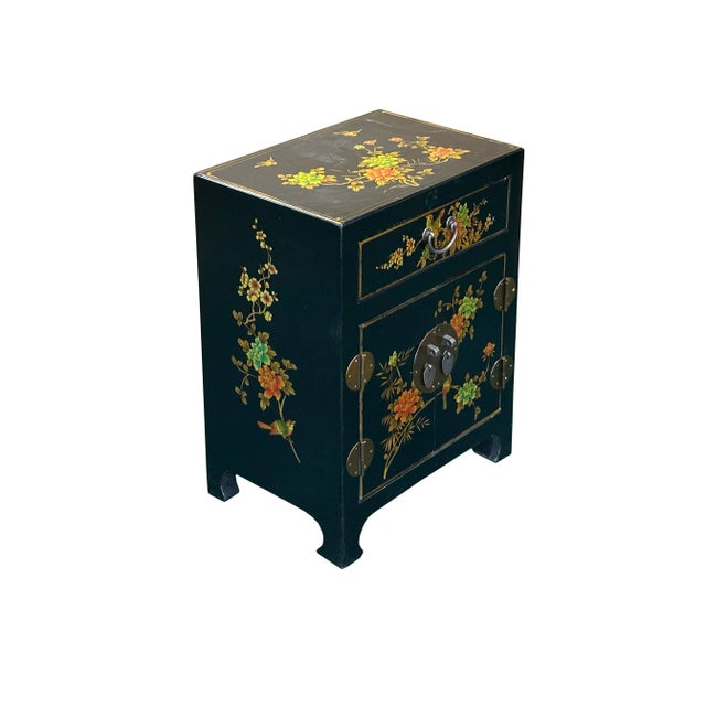 Chinese Black Vinyl Moon Face Flower Birds End Table Nightstand For Sale - Image 4 of 10