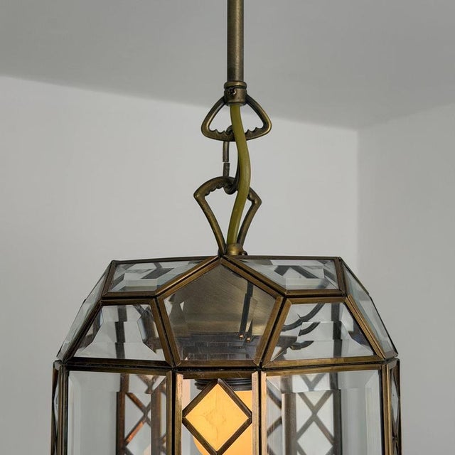 Metal Art Deco Italian Revival Brass and Beveled Glass Lantern, 1970s For Sale - Image 7 of 18