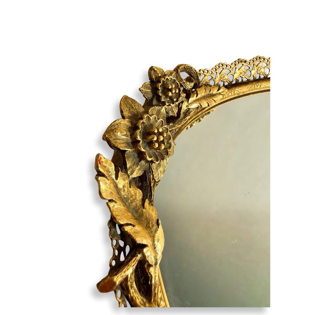 Glass Vintage French Oval Mirrored Vanity Tray With Gilt Floral Filigree, Circa 1950s For Sale - Image 7 of 10