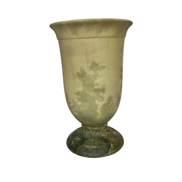 Vintage hand painted pottery pedestal vase in pale watery colors of varying green. There is a run on one side consistent...
