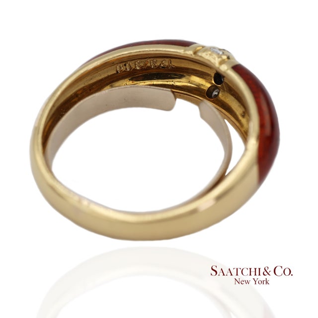 Metal Vintage Faberge 18k (750) Solid Yellow Gold Red Enamel Diamond Ring, Size 7.5 For Sale - Image 7 of 12