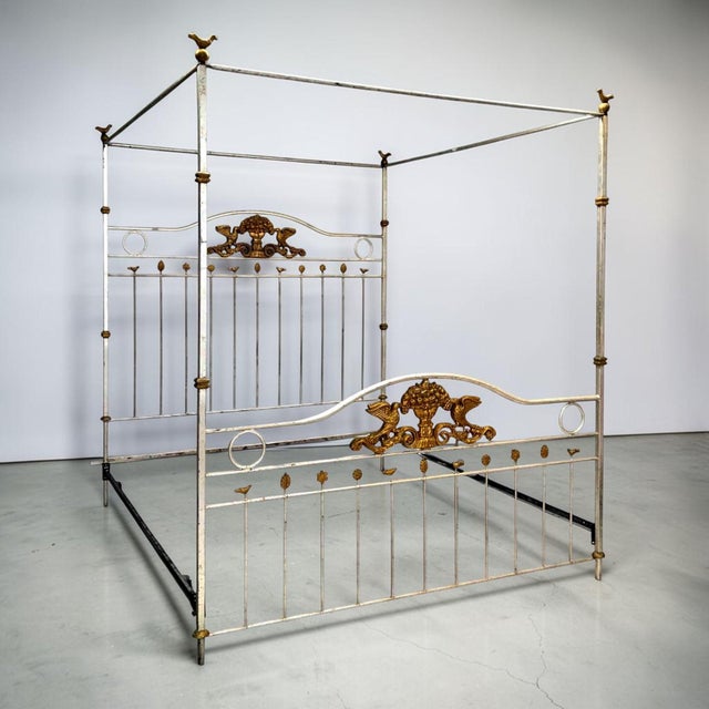 Hollywood Regency Hollywood Regency King-Size Wrought Iron Canopy Poster Bed With Distressed Silver Finish & Gilt Accents For Sale - Image 3 of 11