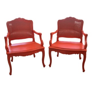 18th Century Louis XV Fauteuils in Hollywood Regency Coral- A Pair For Sale