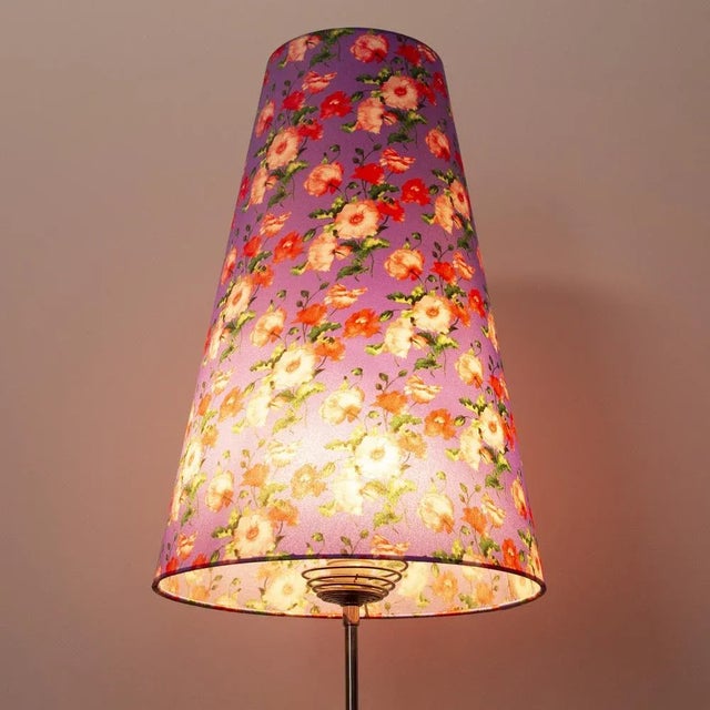 Pink Vintage Chrome Floor Lamp with Handmade Purple Floral Decorated Shade, Italy For Sale - Image 8 of 13