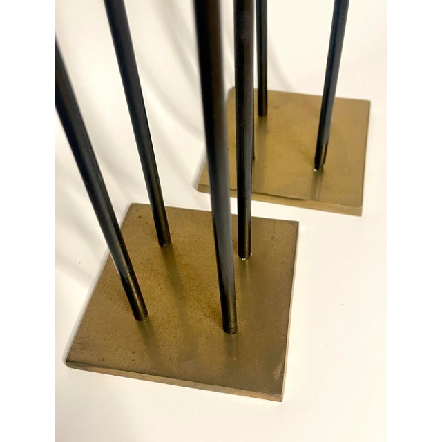 Mid Century Transitional Black Metal and Brass Candlesticks, a Pair For Sale - Image 10 of 12