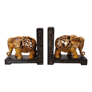 Hand Carved Resin Elephant Bookends, a Pair For Sale