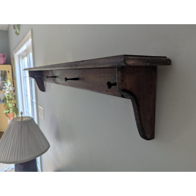 Farmhouse Vintage Wooden Wall Shelf With Peg Hooks For Sale - Image 3 of 11