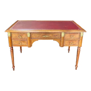 French Louis XVI Inlaid Burled Walnut Desk With Embossed Leather Top