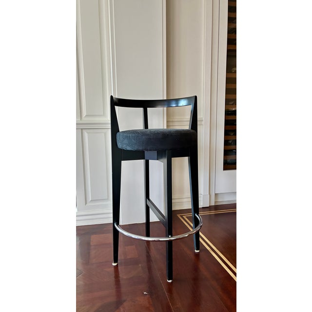 Art Deco Pace Collection Bar Stools — Set of 3 — Black Lacquer & Chrome For Sale - Image 3 of 12
