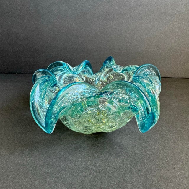 Art Glass Dish Turquoise Gold Bullicante Bubbles Mid Century Italian Murano For Sale - Image 9 of 10