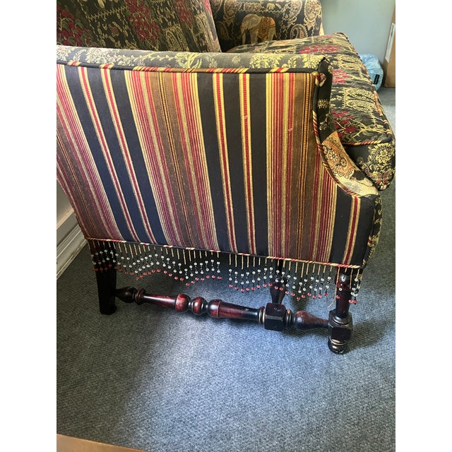 Mid-Century Modern Carved Early 20th Century Jacobean Settee – Animal Print Upholstery For Sale - Image 3 of 12