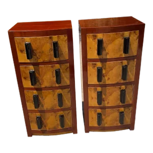Vintage Art Deco Olive Wood Tall Chests - a Pair
