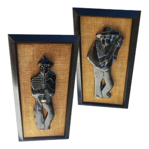 1960s Abstract Guitarrón & Chirimia Players Modern Musicians Sculpture Wall Art - Set of 2