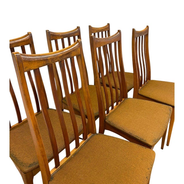 Wood Set of 6 Vintage Mid-Century Modern Slat-Back Dining Chairs With Upholstered Seats For Sale - Image 7 of 10