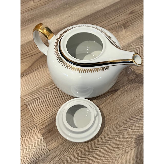 Mid 20th Century Vintage Chodziez White Porcelain Tea Pot With Black Gold Band and Filigree For Sale - Image 5 of 8