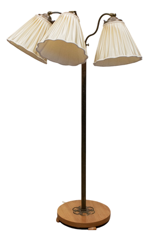 Brass and Copper Floor Lamp with Three Satin Shades, Sweden, 1940s