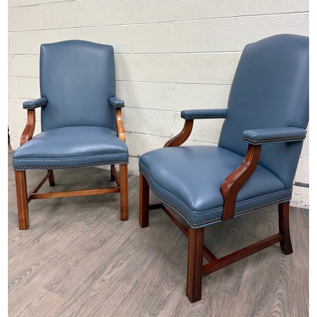 Late 20th Century Vintage Chippendale Style Blue Leather and Nailhead Executive Armchairs - Pair For Sale - Image 5 of 11