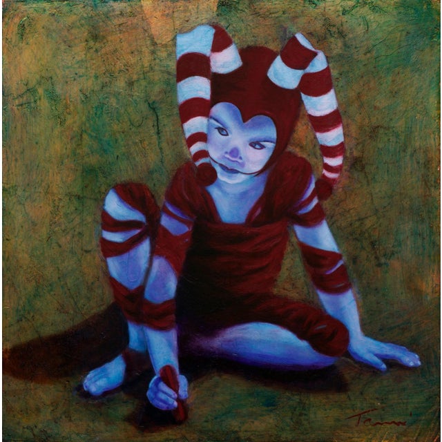 The artwork depicts a figure seated in a contemplative pose, adorned in a striking costume of deep red and bold white...