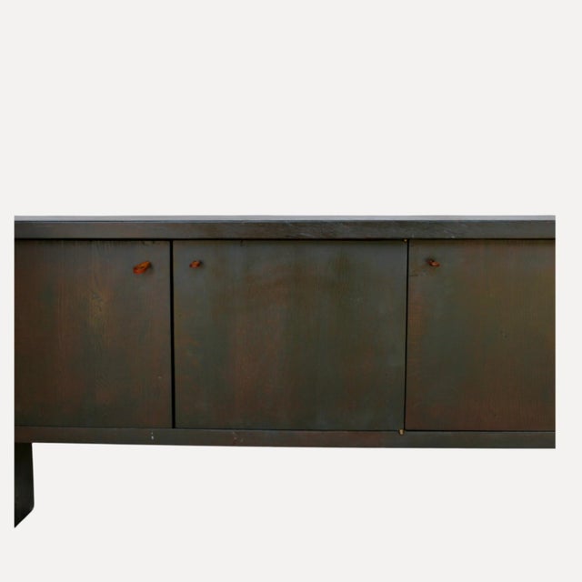 Large Dark-Stained Oak Sideboard with Overhanging Top and 3 Large Doors with Leather Straps, France, 1950s For Sale - Image 4 of 13