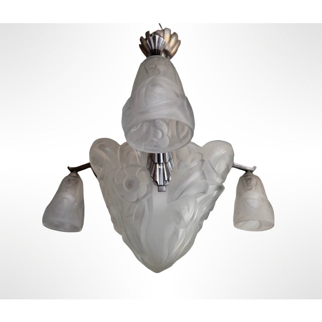 Metal Art Deco Chandelier with Three Tulips and Shell by Degué For Sale - Image 7 of 18