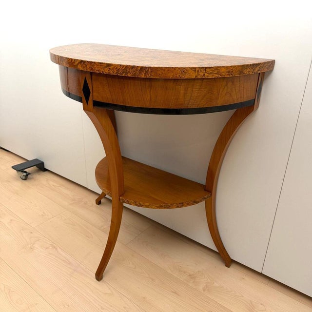 Wood Biedermeier Demi-Lune Console in Cherrywood & Birch Burl, Franconia, 1830 For Sale - Image 7 of 18