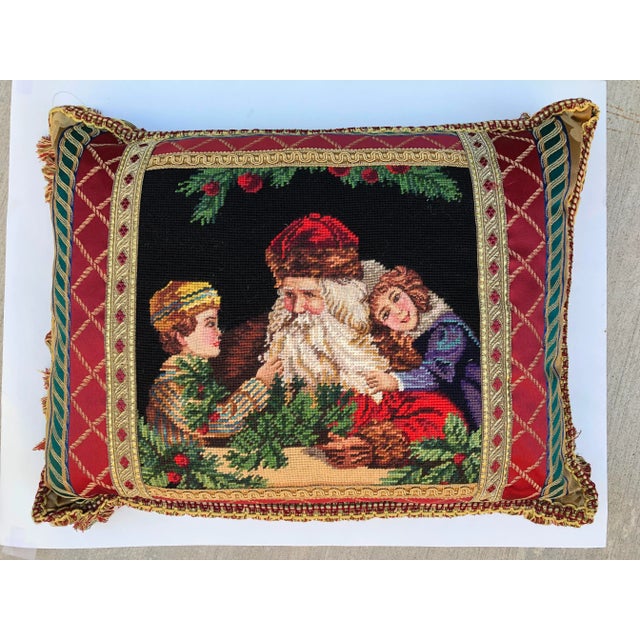 Green Vintage Santa With Children Needlepoint Pillow For Sale - Image 8 of 8