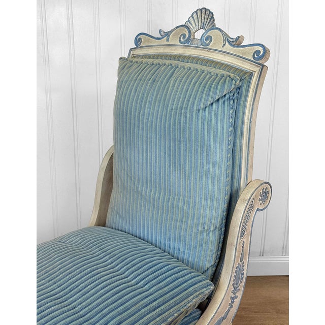 Wood Vintage French Empire Style Blue Upholstered Chaise Lounge For Sale - Image 7 of 12